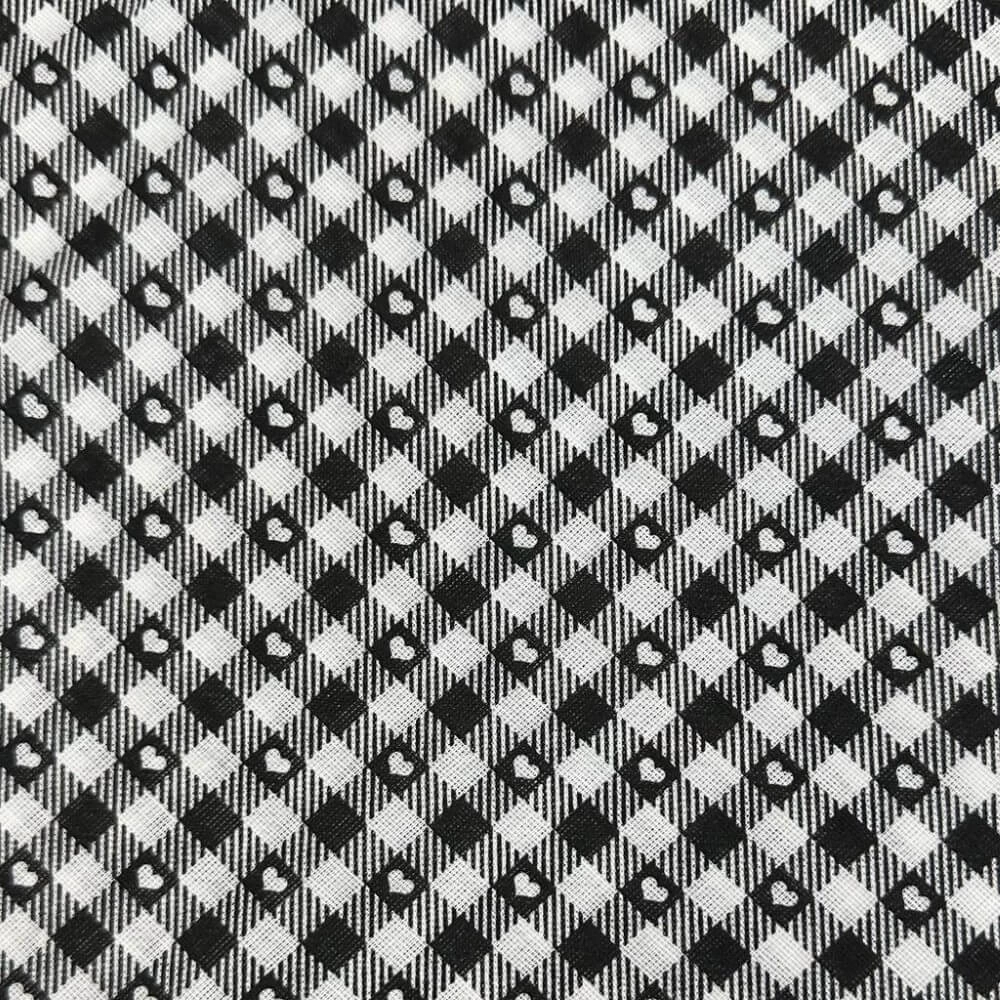 TECIDO POPELINE XADREZ CORAÇÃO -100cmX140cm-100%ALG - PRETO