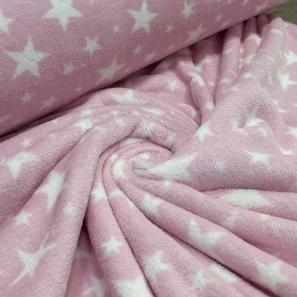 PELÚCIA FLEECE |ESTRELAS|100cmX160cmL- 100% POL-ROSA/BRANCO