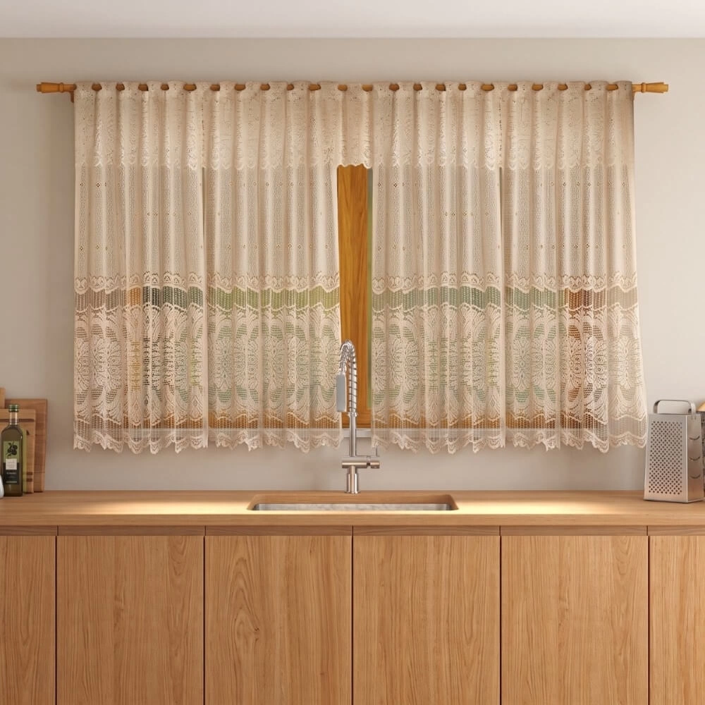 CORTINA DE RENDA COZINHA -220cmX120cm+030cm - 100%POL-BEGE