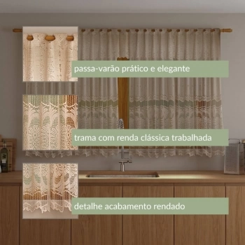 CORTINA DE RENDA COZINHA -220cmX120cm+030cm - 100%POL-BEGE