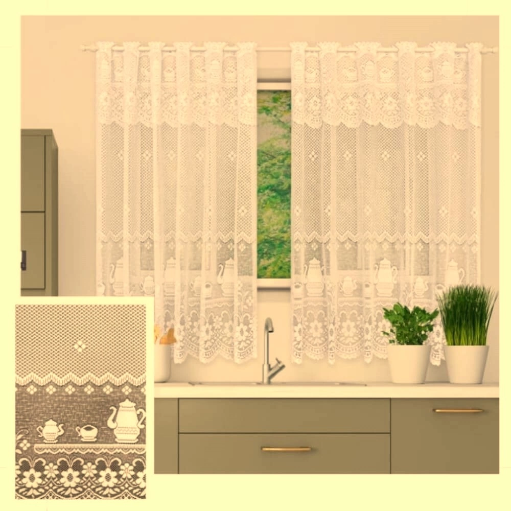 RENDA CORTINA COZINHA VARÃO -BULES -120cm+030cm - 100%POL - BEGE